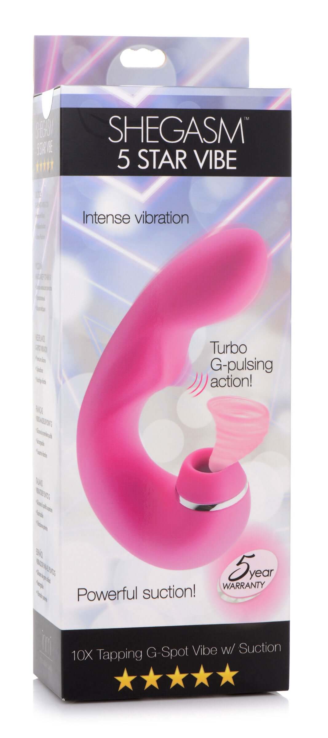Inmi Shegasm 5 Star Tapping G-Spot Vibrator with Suction Pink packaging showcasing features and design.
