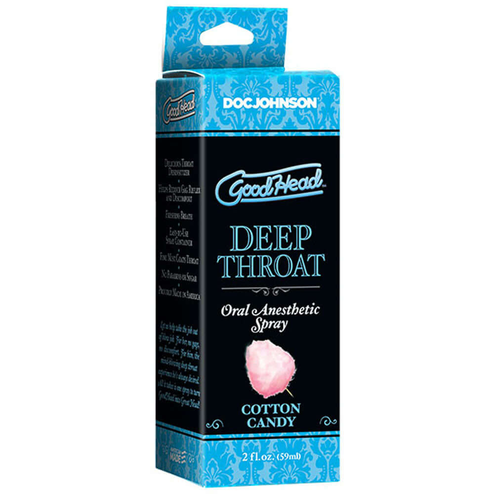 Goodhead Deep Throat Spray Cotton Candy 2 Oz packaging, flavored oral anesthetic for enhanced comfort.