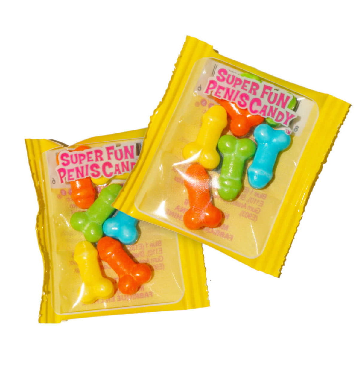 Super Fun Penis Candy 100 Piece Display 3g Bags featuring colorful candy in playful shapes.