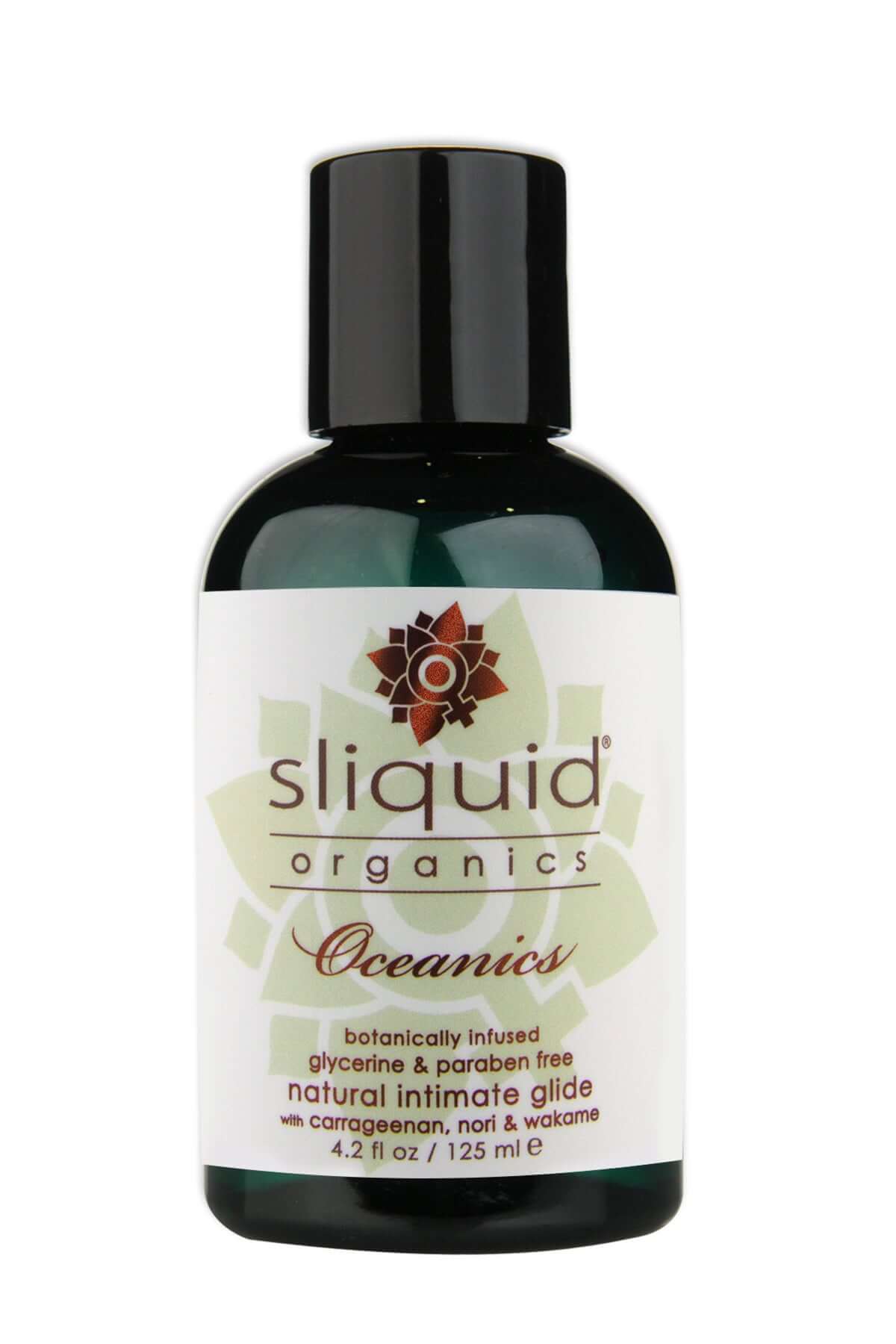 Sliquid Organics Oceanics Lubricant 4.2 Oz in a bottle with a botanical design, glycerine and paraben free.
