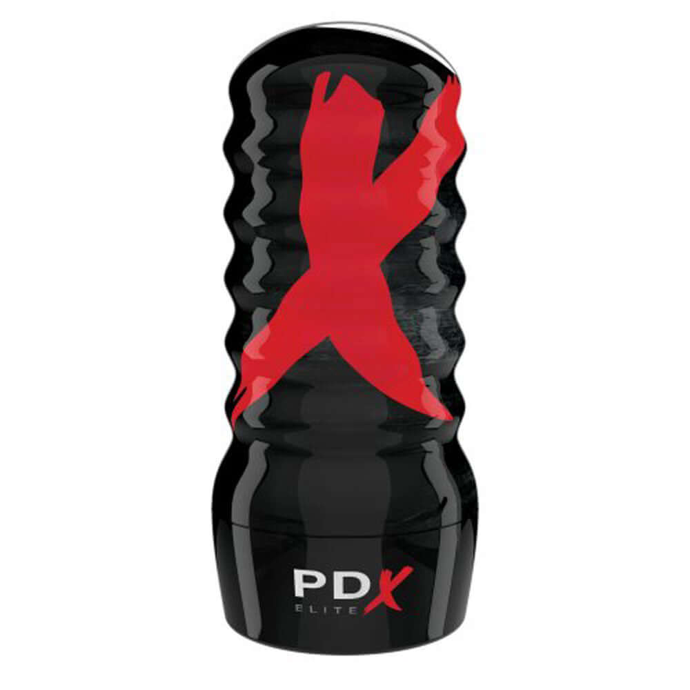 PDX Elite Air-Tight Pussy Stroker in black with red branding, featuring a ribbed exterior for enhanced grip.
