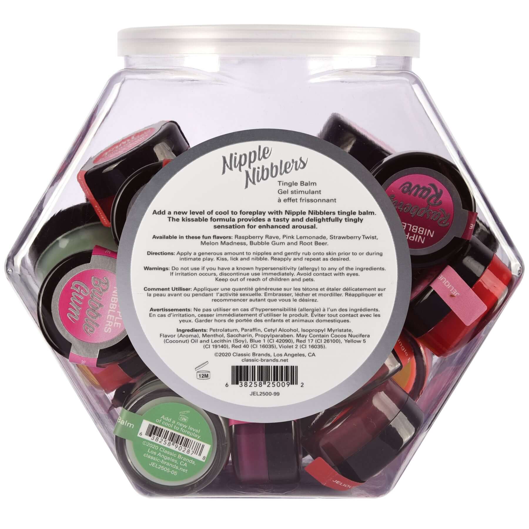 Nipple Nibblers Tingle Balm 36-piece bowl, assorted 3gm jars with various flavors for nipple sensitivity and arousal.