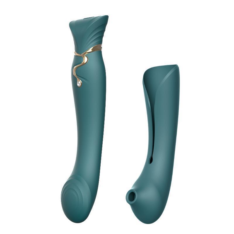 Jewel green ZALO Queen G-spot PulseWave Vibrator with suction sleeve, featuring gold detailing and Swarovski embellishment.