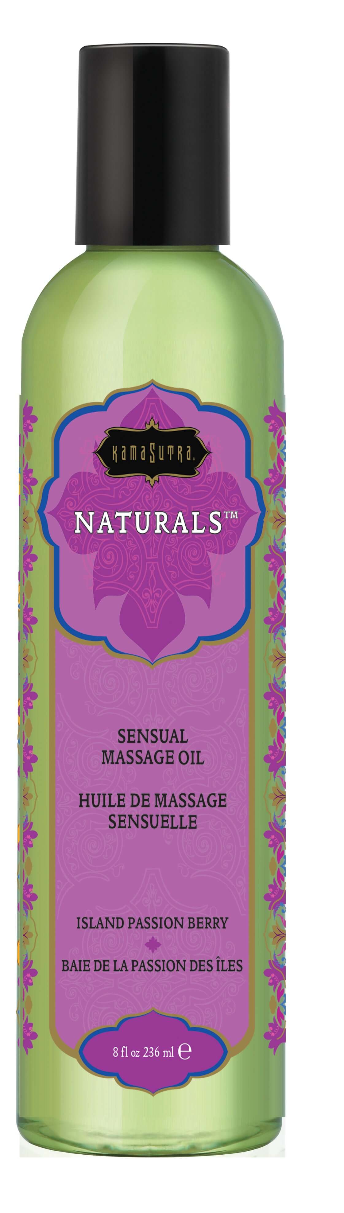 Kama Sutra Naturals Massage Oil Island Passion Berry 8 Oz bottle with green packaging and purple label for sensual relaxation.