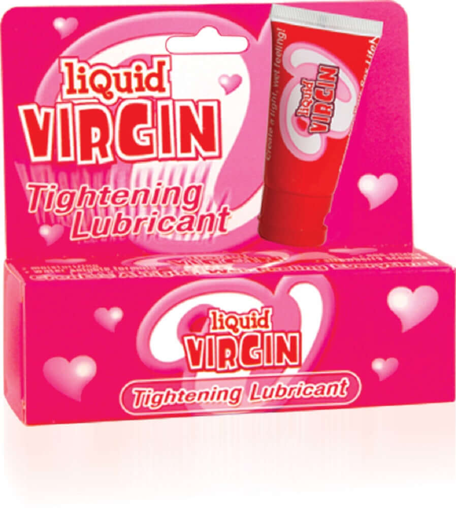 Liquid Virgin 1 Oz Bottle Strawberry packaging showcasing tightening lubricant in a vibrant pink design.