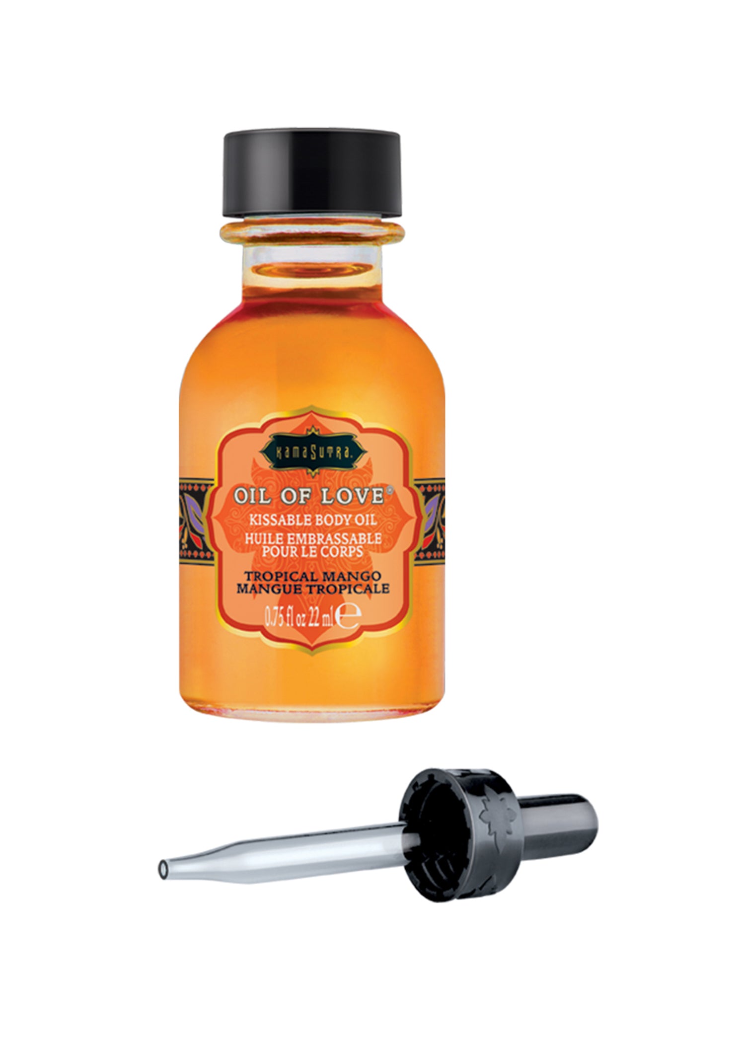 Kama Sutra Oil of Love Tropical Mango 0.75 Oz bottle with applicator for kissable foreplay oil.