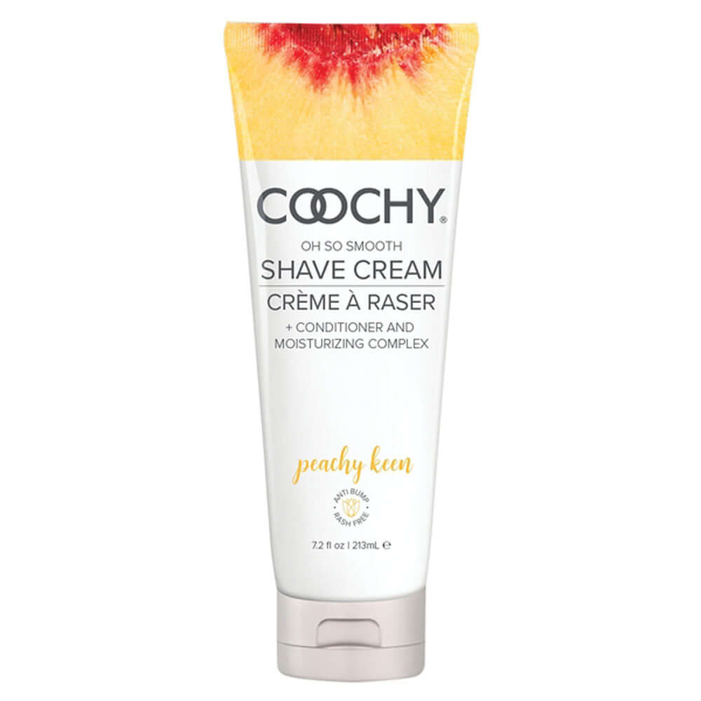 Coochy Oh So Smooth Shave Cream in Peachy Keen, 7.2 oz tube with peach and vanilla scent for smooth skin.