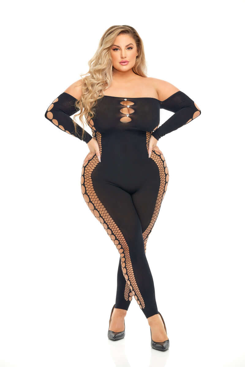 Queen Size black bodystocking with open holes design, off-shoulder style, and diamond pattern, fits up to 3X, nylon and spandex material