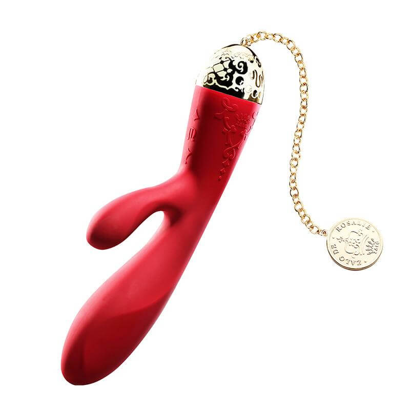 ZALO Rosalie Rabbit App-Controlled Rechargeable Vibrator, Bright Red, with gold detailing and chain, from Versailles Series.