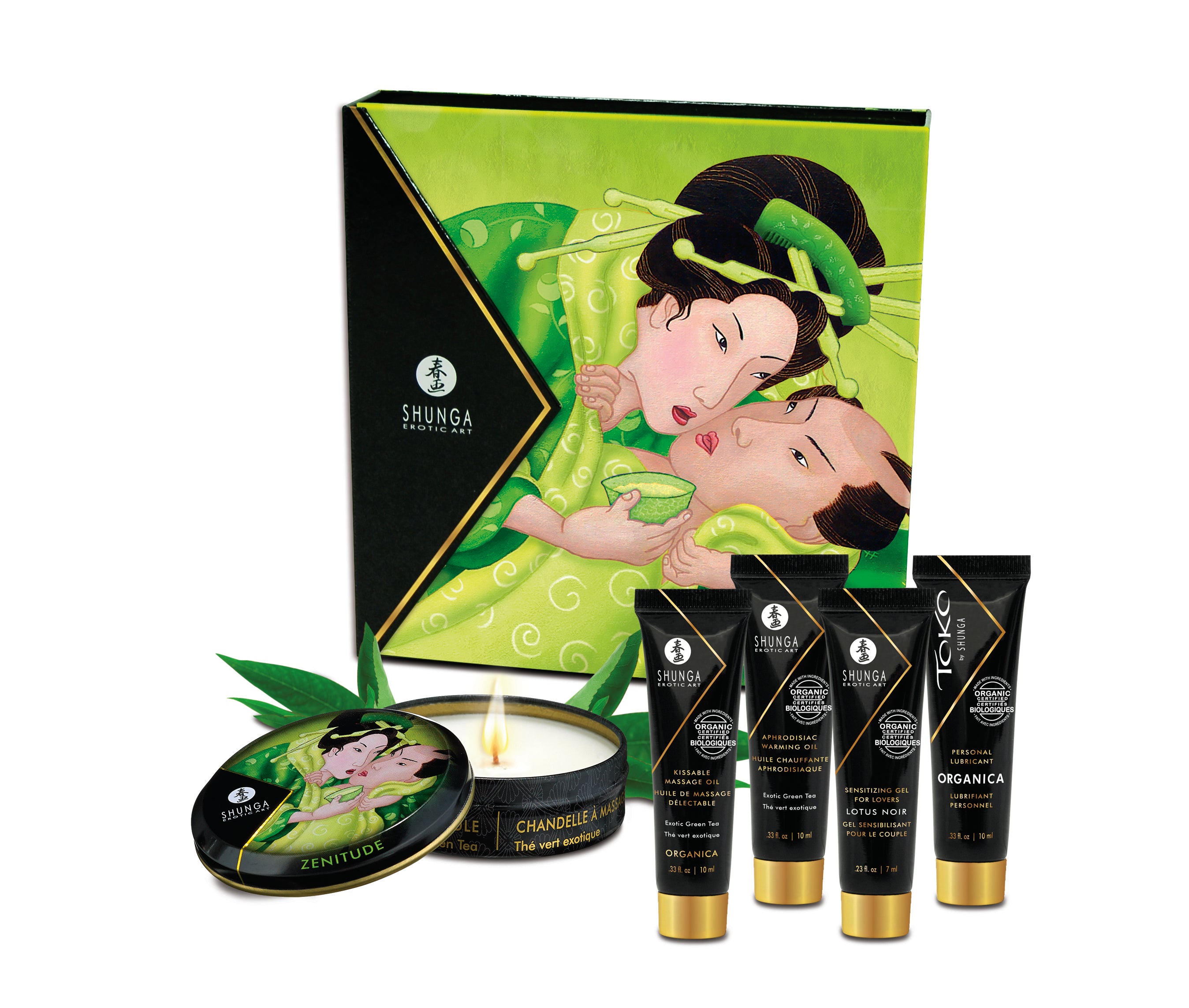 Geisha's Secrets Gift Set featuring Shunga products: massage oil, warming oil, mini candle, lubricant, and sensitizing gel.