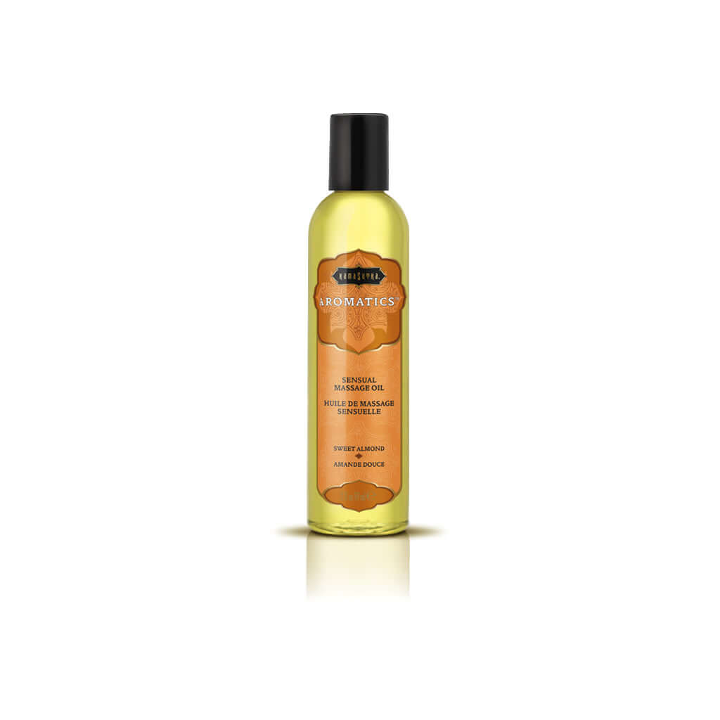 Kama Sutra Aromatics Massage Oil Sweet Almond 2 Oz in a sleek bottle for soothing relaxation and skin care.