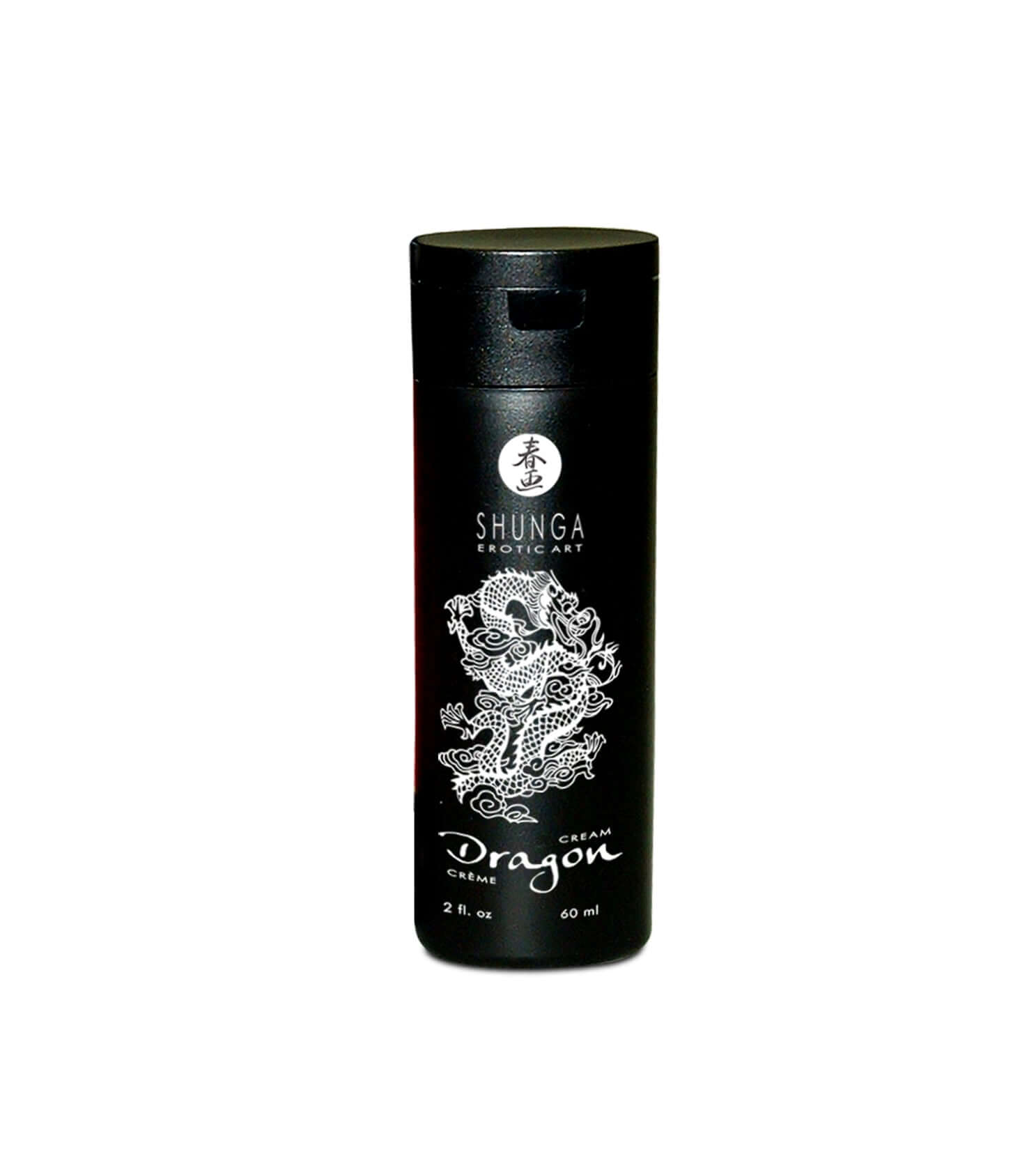 Shunga Dragon Intensifying Cream 2 Oz in a sleek black bottle with a dragon logo, enhancing intimacy and sensations.