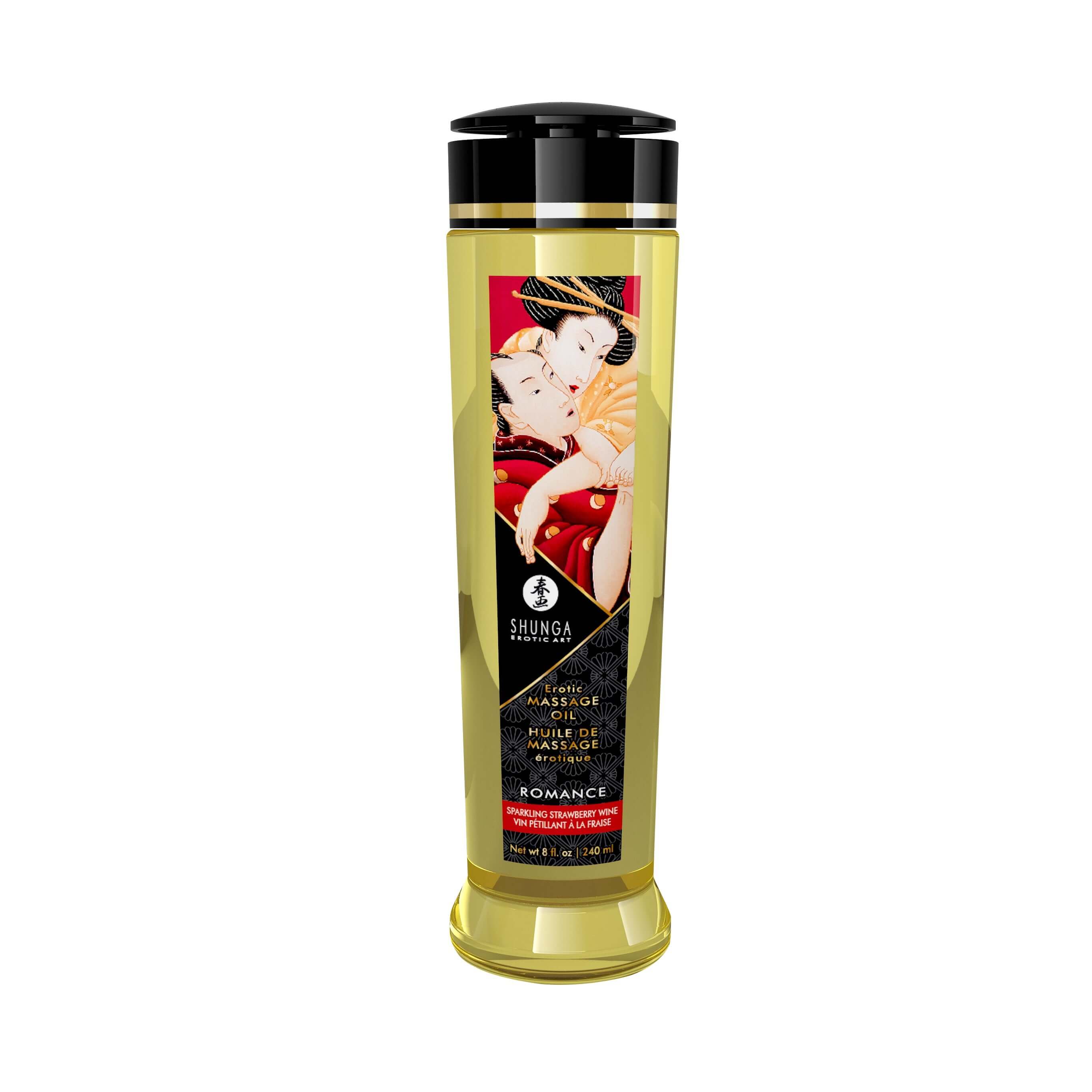 Shunga Romance Massage Oil bottle, 8 Fl. Oz., silky smooth erotic formula for sensual massages, 100% natural ingredients.