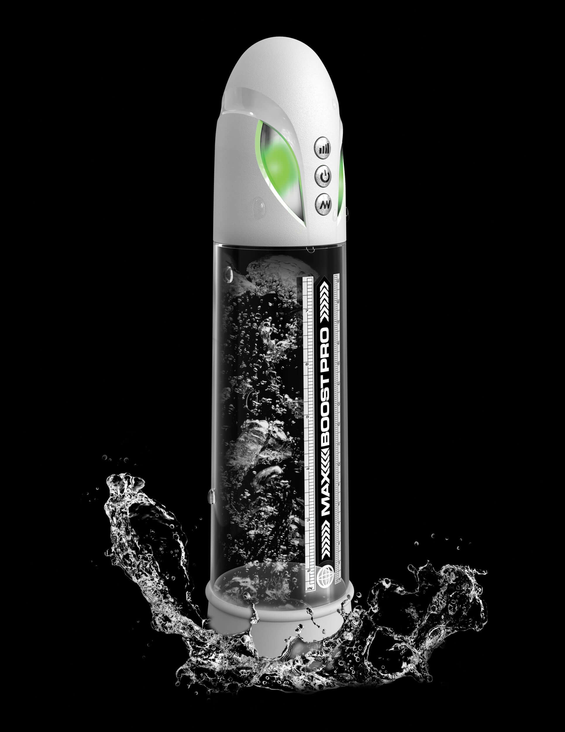 Max Boost Pro Flow Penis Pump - White/Clear with waterproof IPX6 rating, shown amid a splash of water, for enhanced performance and confidence.