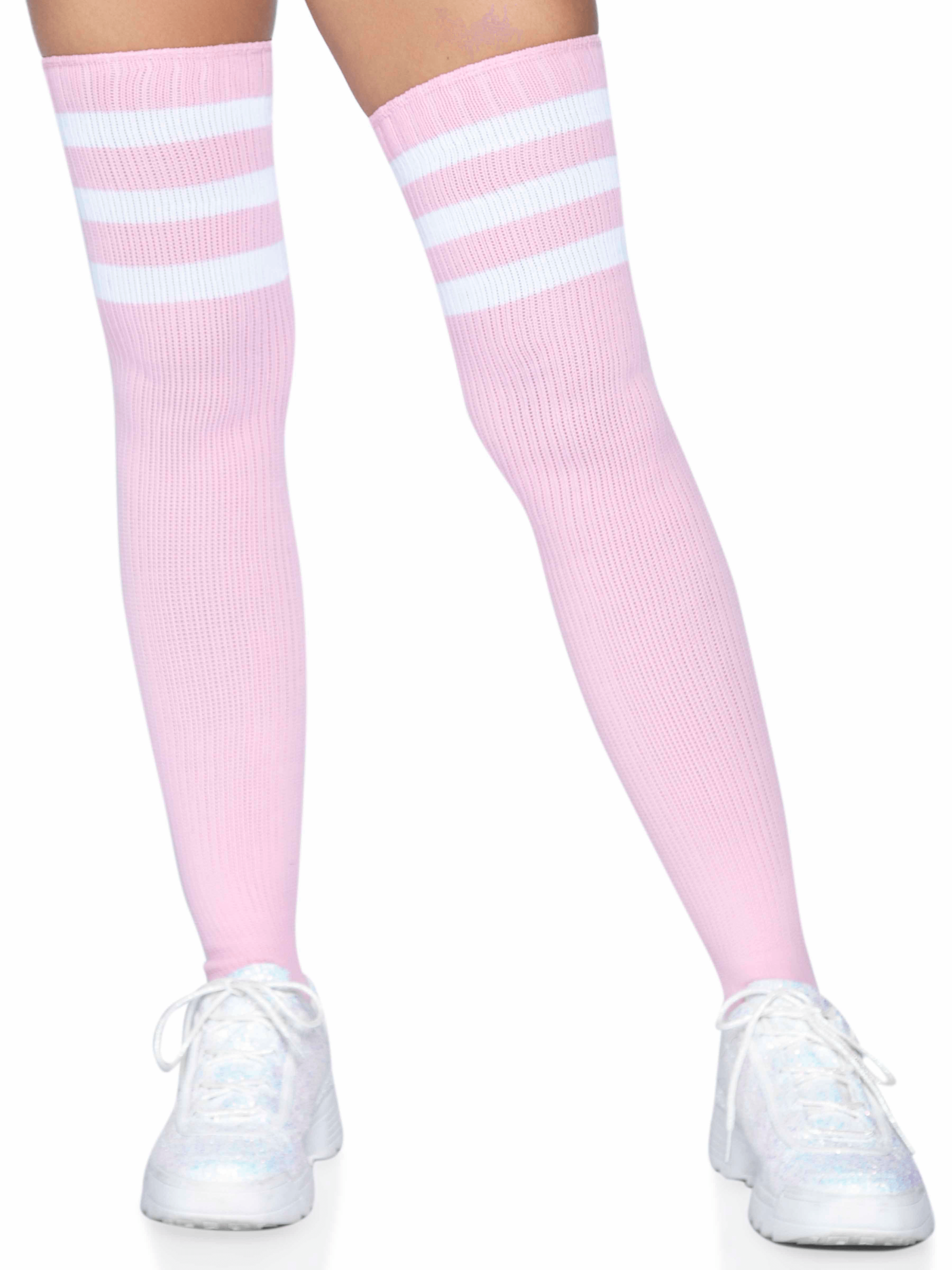 3 Stripes Athletic Ribbed Thigh Highs - One Size - - One Size - Light Pink
