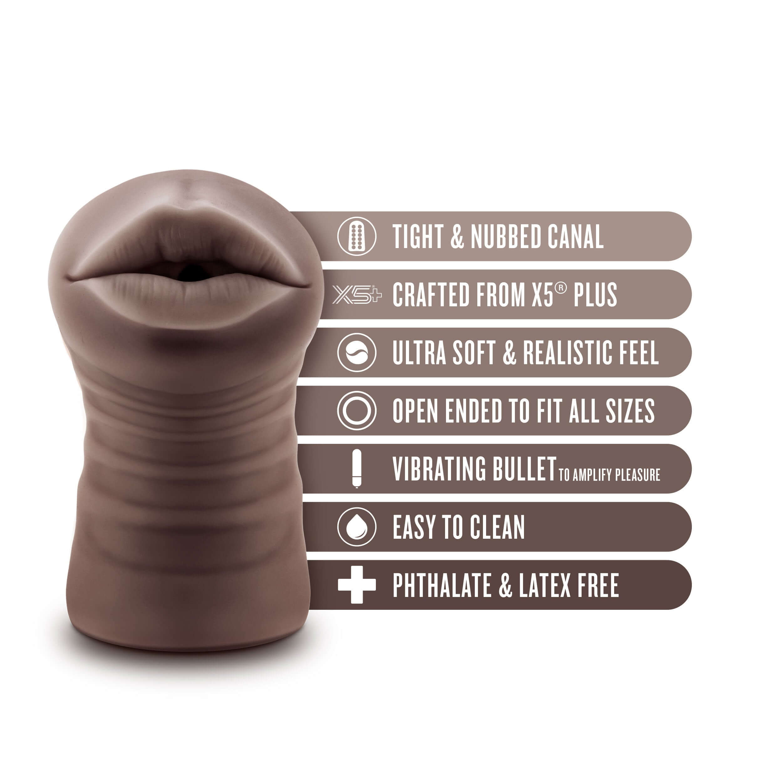 Enlust Krystal vibrating stroker in brown with features list: tight canal, X5 Plus material, realistic feel, easy to clean.