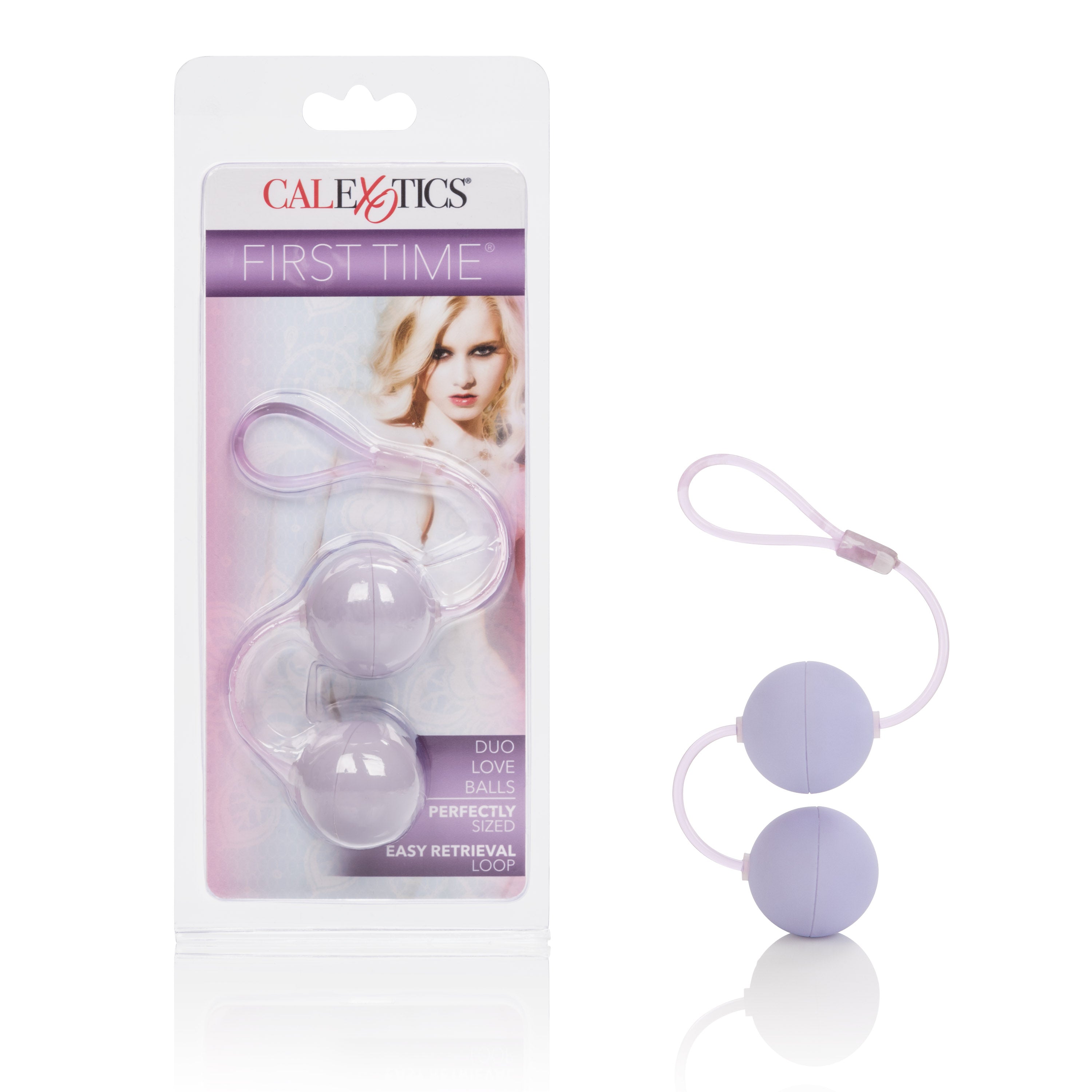 Purple First Time Love Balls Duo with retrieval cord in packaging, perfect for beginners, velvety soft finish.