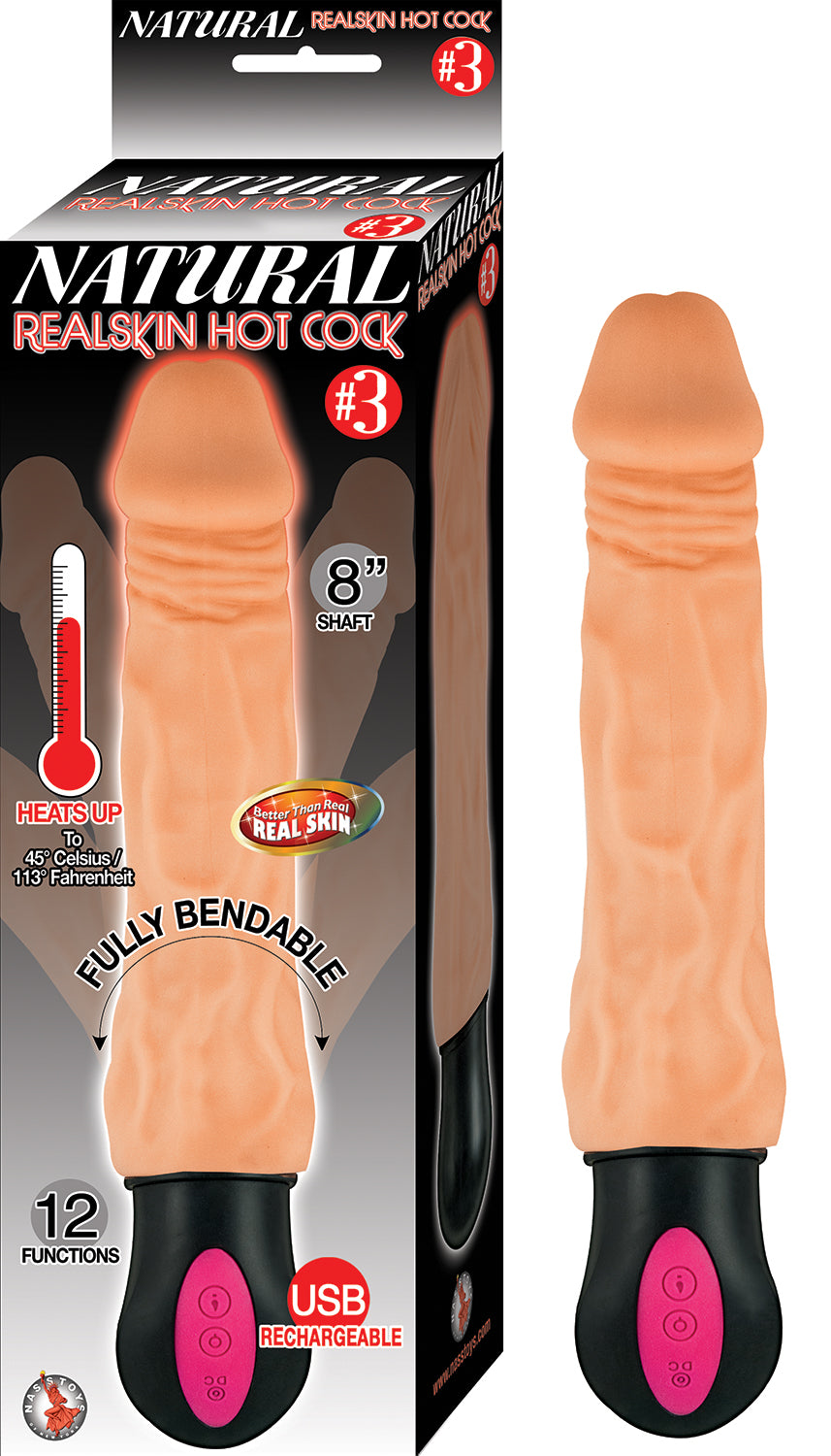 Natural Realskin Hot Cock No 3 Vibrating Dildo Flesh with realistic warmth and bendable design.