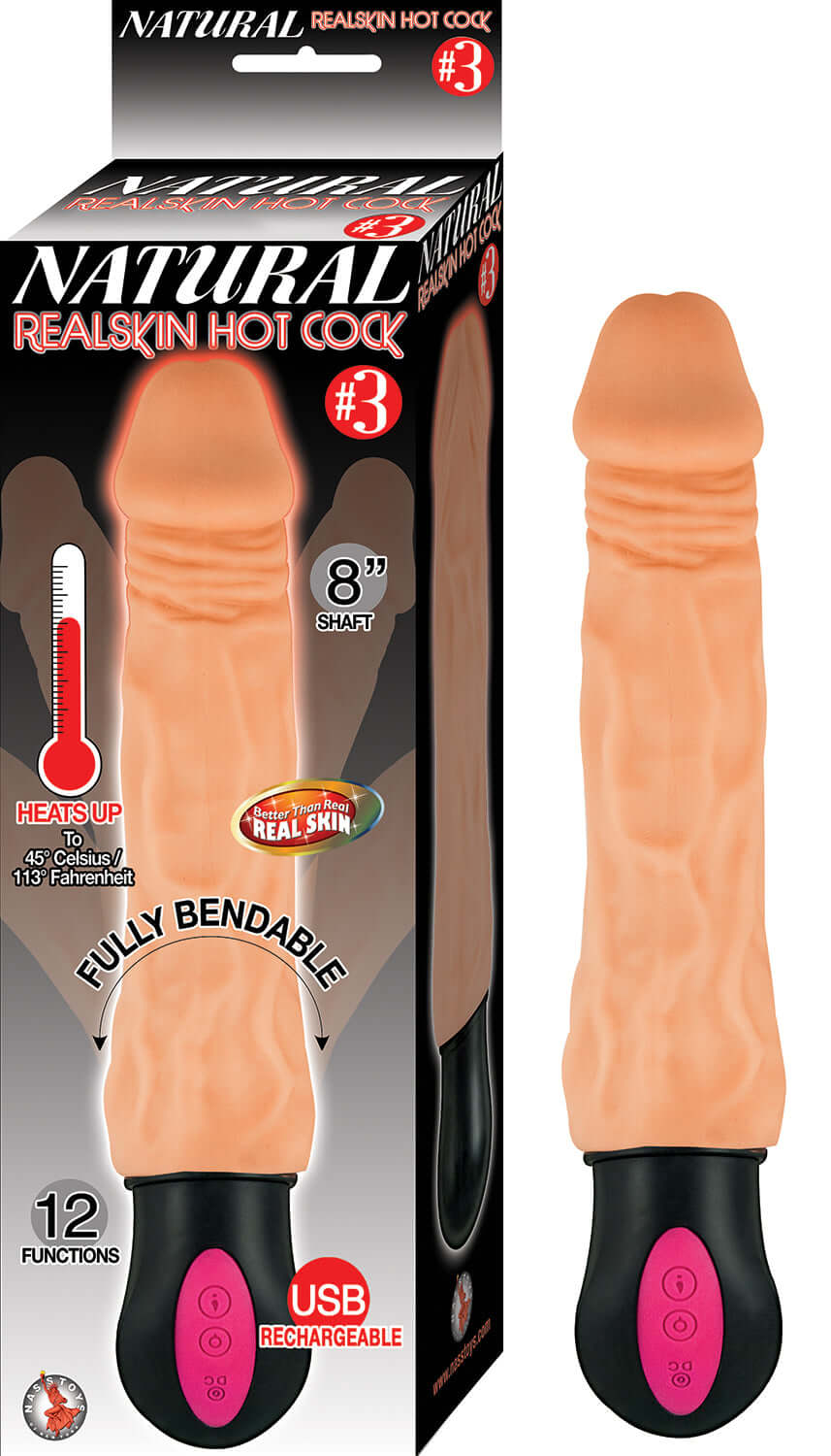 Natural Realskin Hot Cock No 3 Vibrating Dildo Flesh with realistic warmth and bendable design.