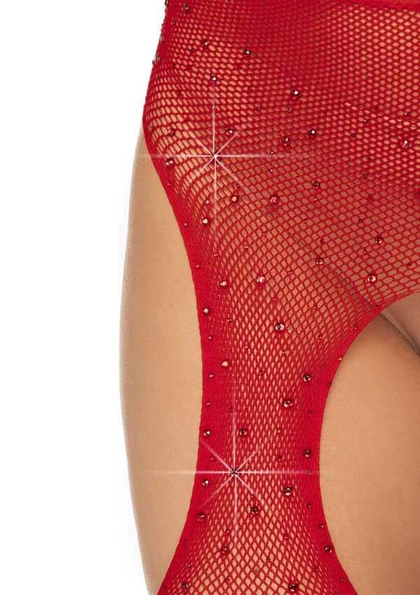 Casey Rhinestone Fishnet Suspender Pantyhose - One Size - Red-0