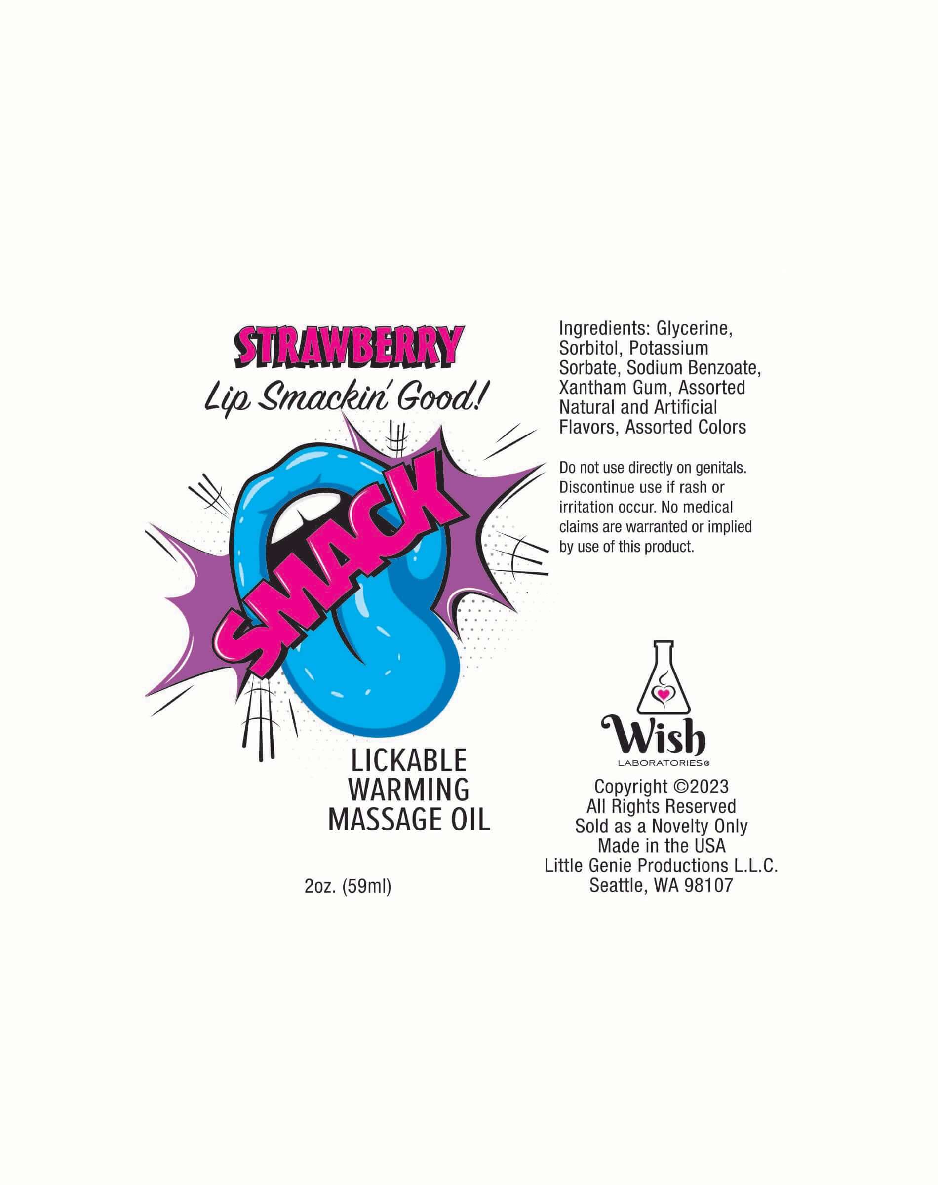 Smack Strawberry warming and lickable massage oil packaging - 2 oz bottle with flavor description and ingredients list.