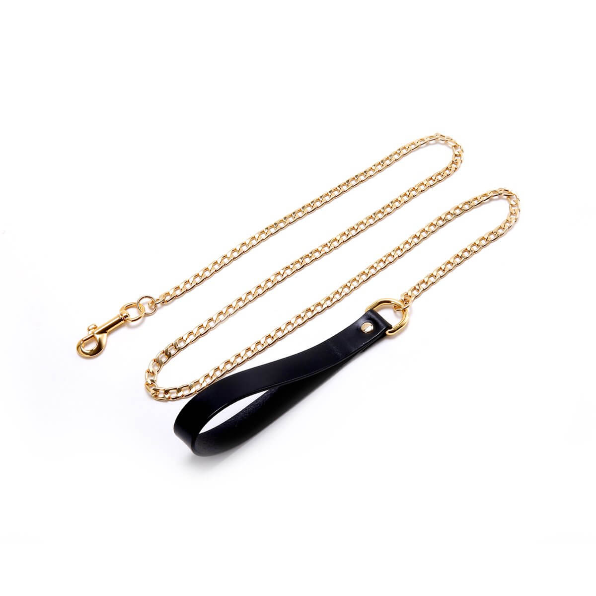 Luxury chain leash with Italian leather handle, gold chain, and nickel-free zinc alloy attachment. Ideal for control and style.