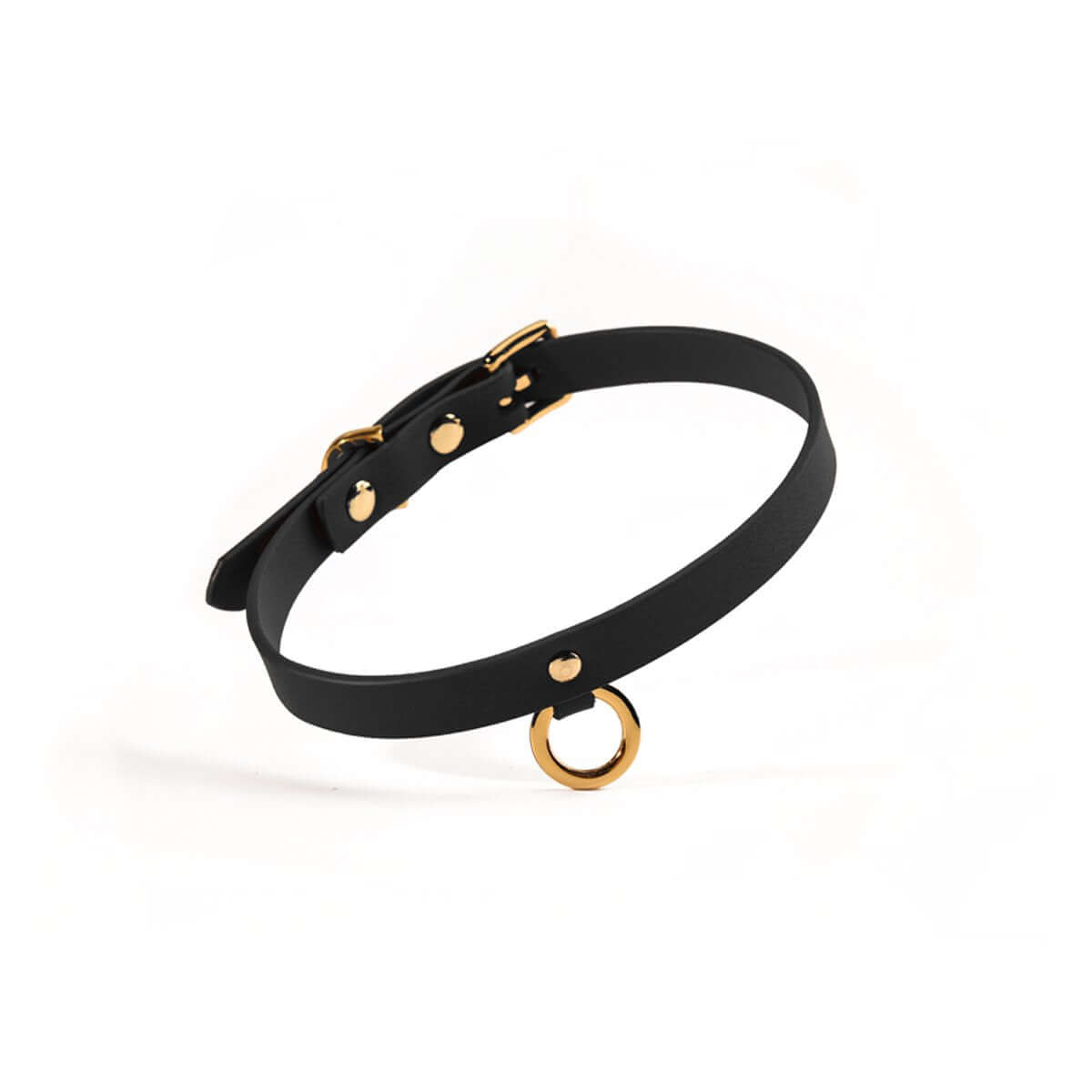 UPKO luxury Italian leather thin choker in black with gold ring, adjustable length, elegant design for everyday or BDSM use.
