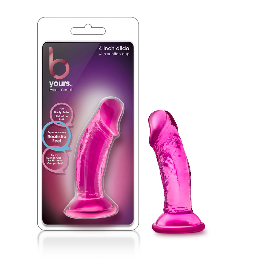 B Yours Sweet n Small 4 Inch Dildo With Suction Cup Pink displayed in packaging.