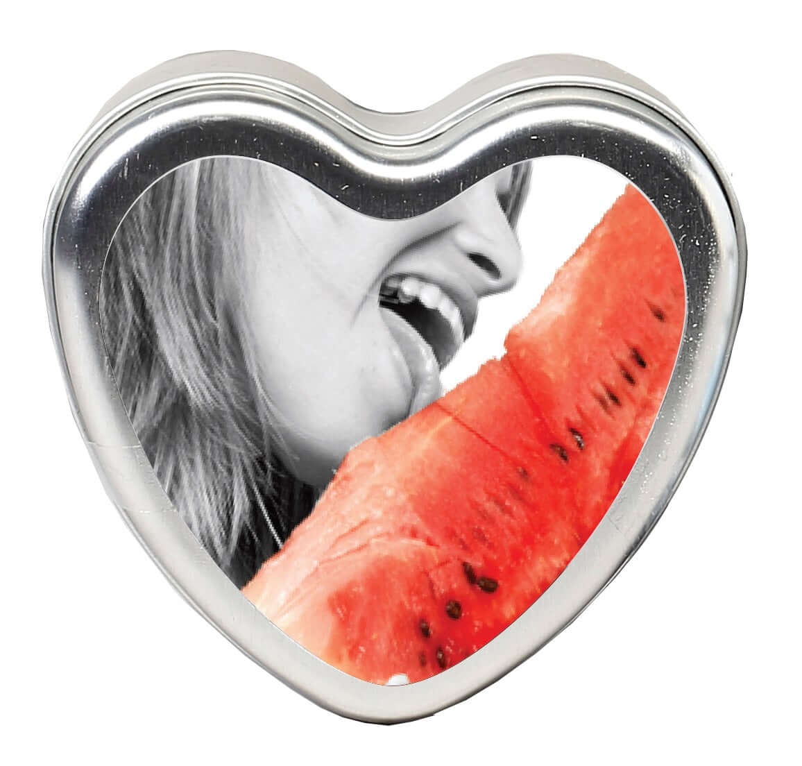 Heart-shaped tin featuring a woman playfully licking watermelon, showcasing the fun and delicious Edible Heart Candle.