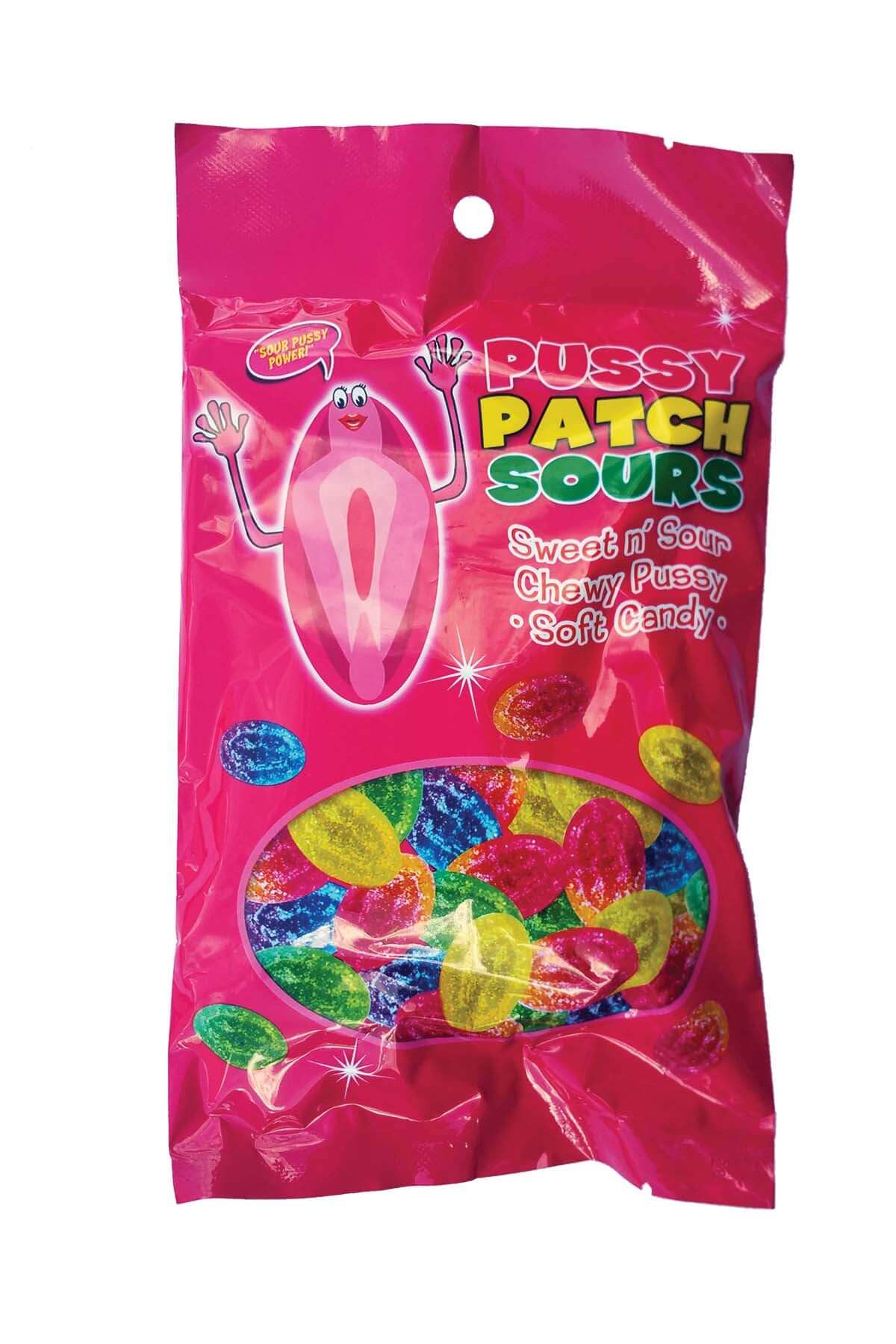 Bag of Pussy Patch Sours candies offering sweet and sour flavors in playful pussy shapes
