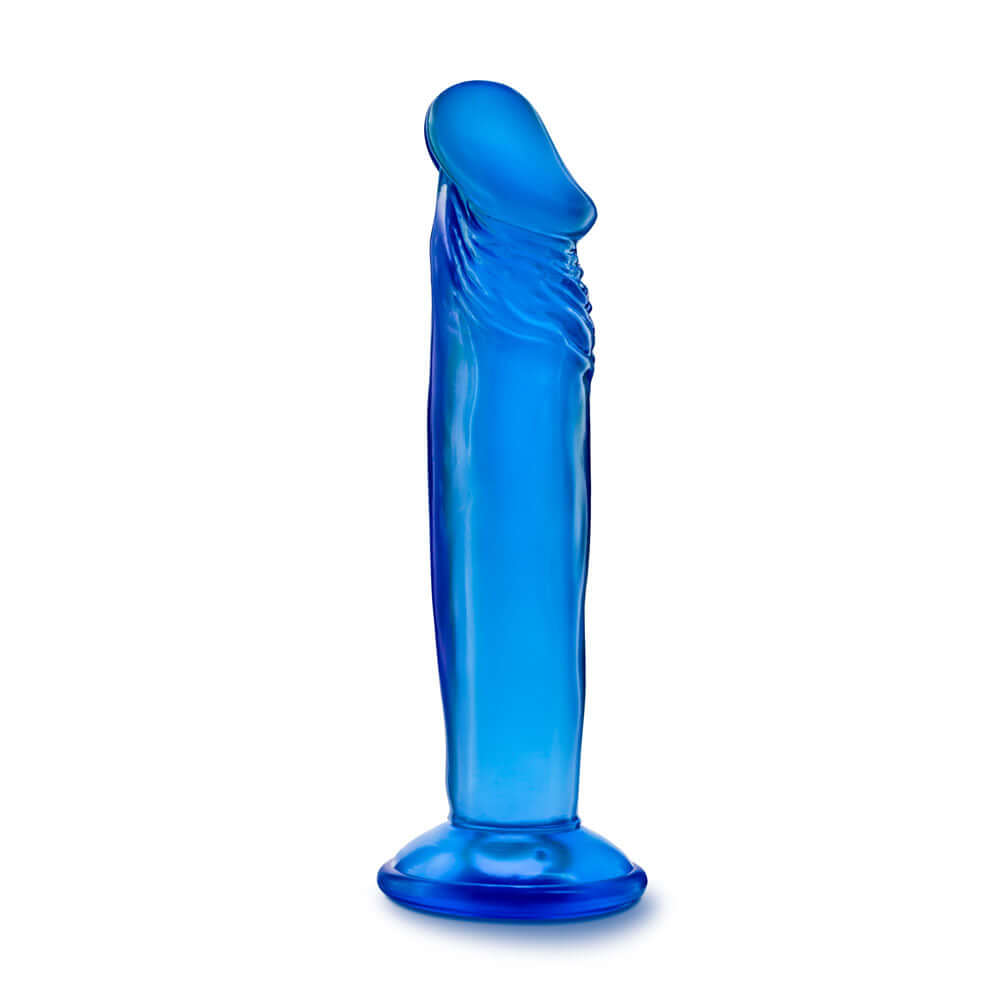 Blue 6 inch dildo with suction cup base for realistic stimulation and harness compatibility, made of soft PVC, body safe, and phthalate-free.