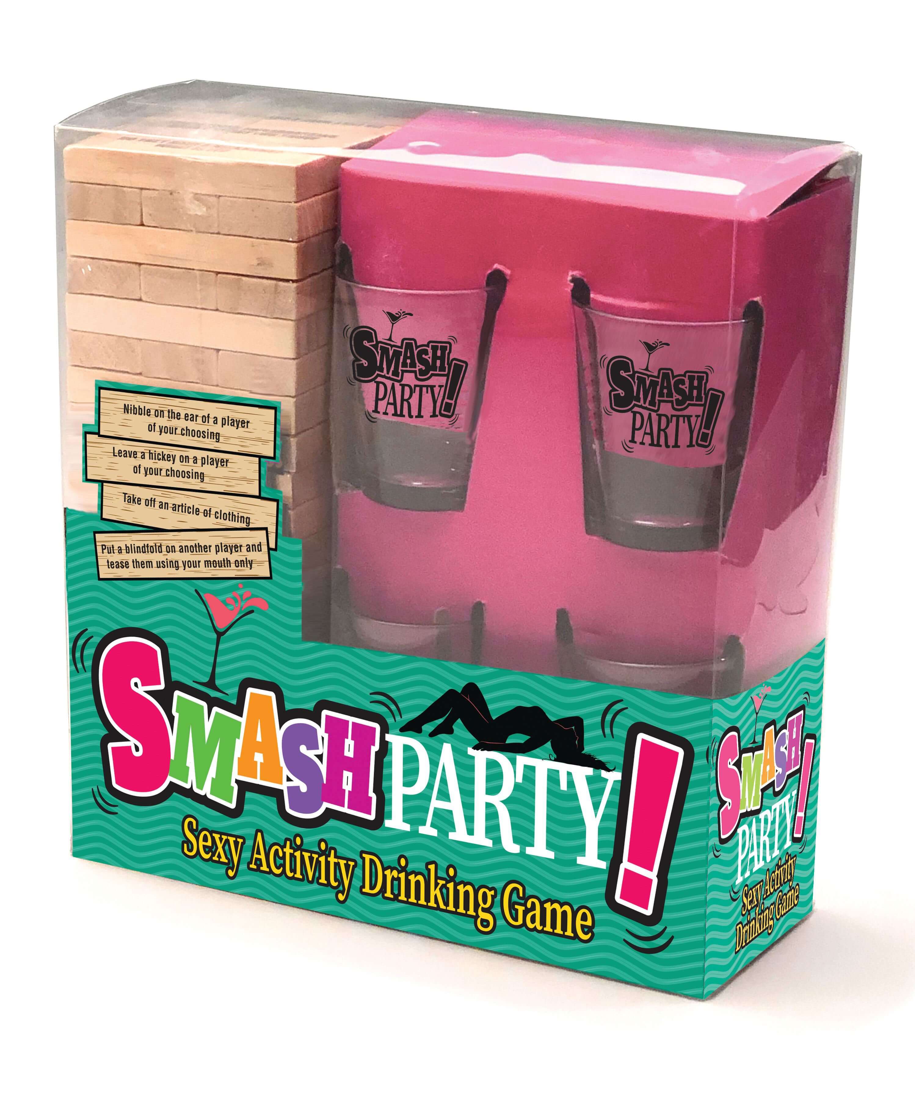 Smash Party Sexy Activity Drinking Game package with shot glasses and stacking blocks for adult parties.