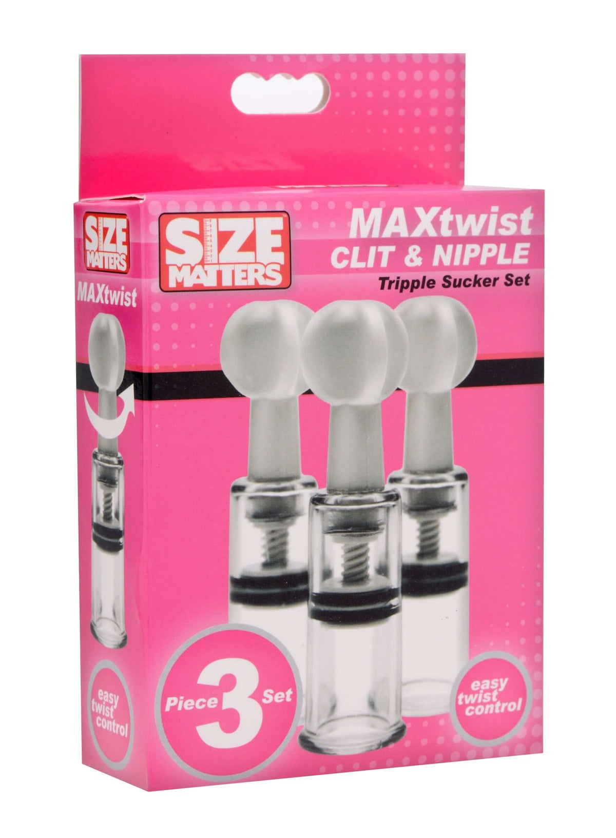 Max Twist Clit & Nipple Triple Sucker Set packaging showcasing three suction cylinders for targeted stimulation.