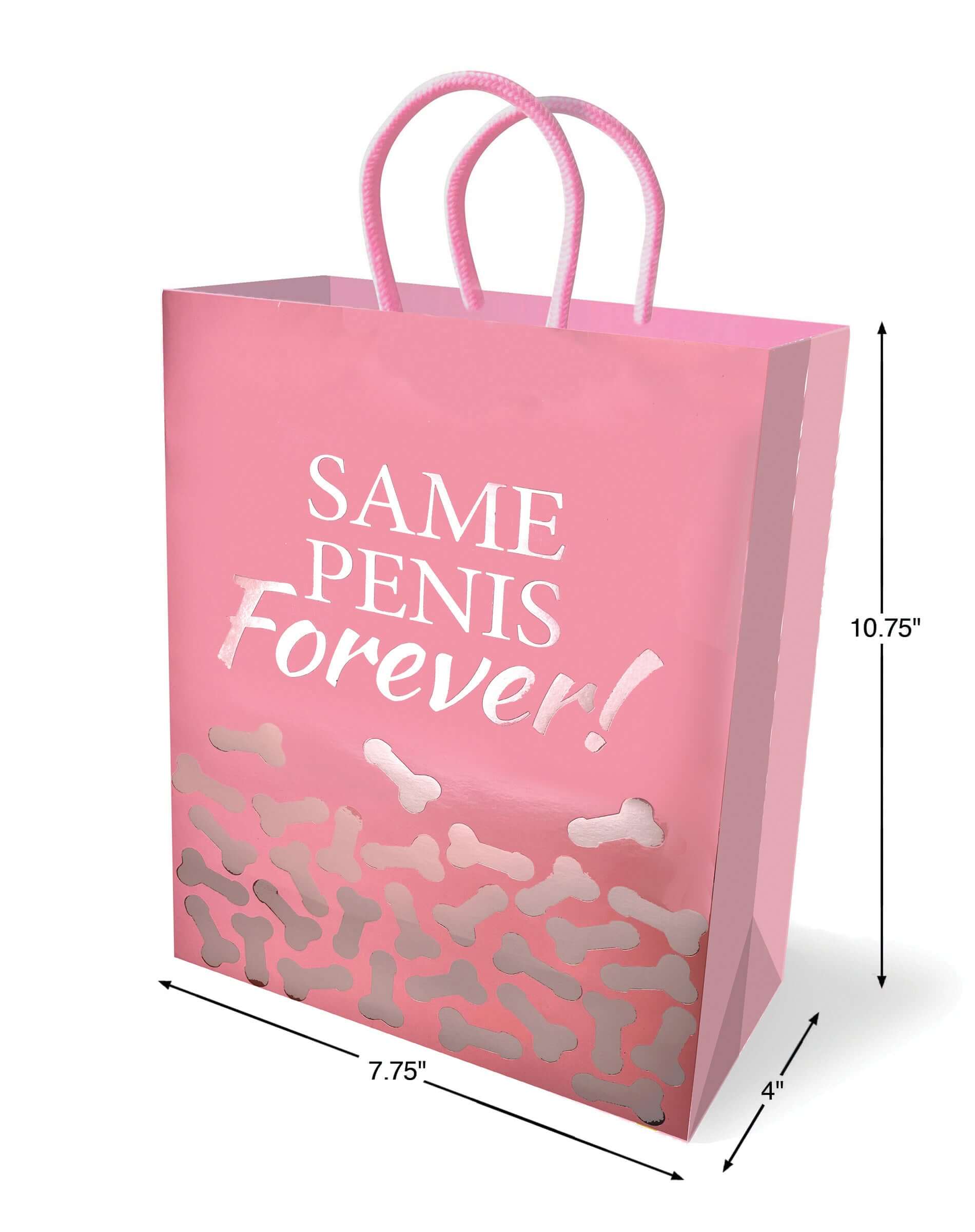 Pink "Same Penis Forever" bachelorette gift bag with woven handles and playful design, measuring 10.75" x 7.75" x 4".