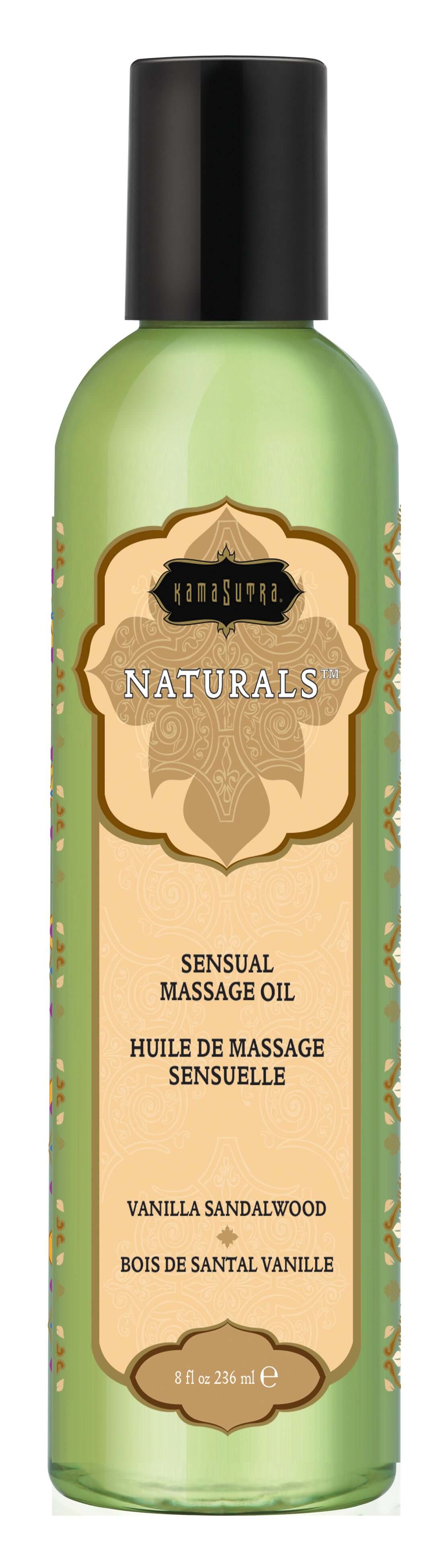 Kama Sutra Naturals Massage Oil Vanilla Sandalwood 8 Oz bottle with a sleek green design for soothing relaxation.