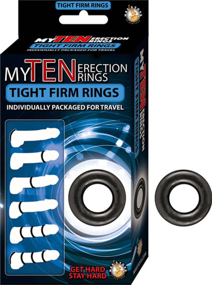 My Ten Erection Rings Tight Firm Cock Rings Black multi-pack of flexible cock rings designed for firmness and stamina.
