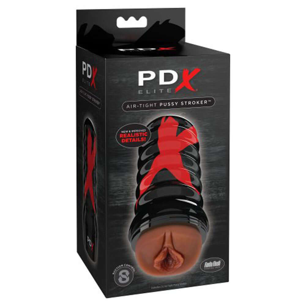 PDX Elite Air-Tight Pussy Stroker box featuring realistic details and sturdy design for enhanced masturbation experience.