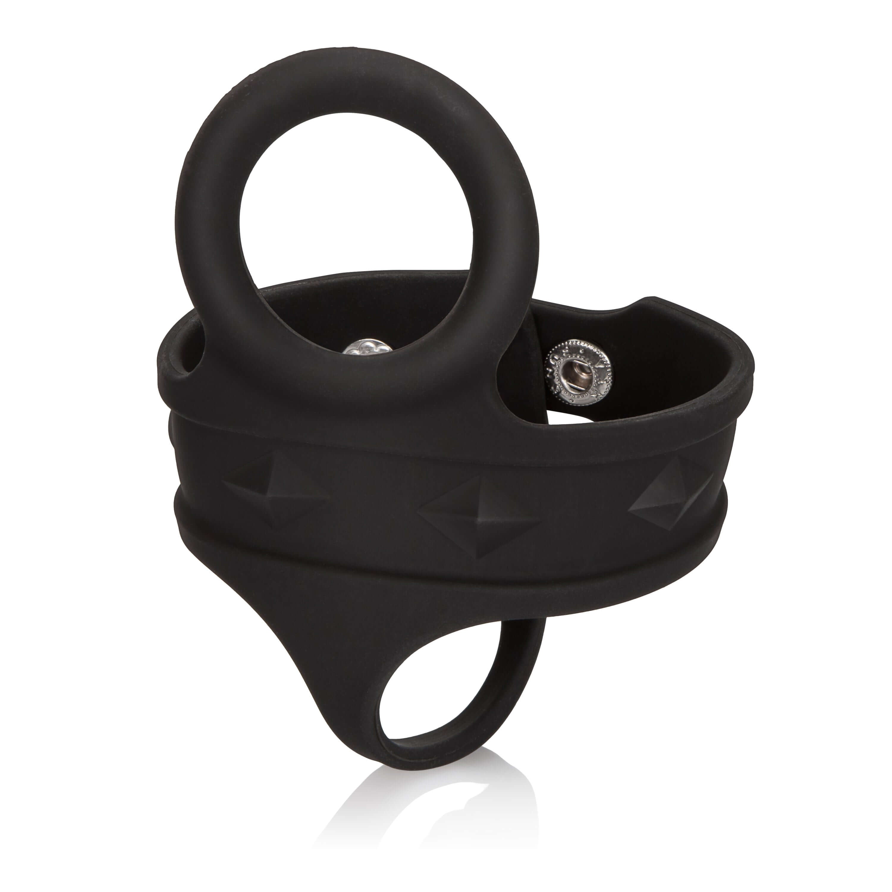 Silicone Tri-Snap Ball Spreader Black displayed at various angles highlighting its adjustable design and durability.