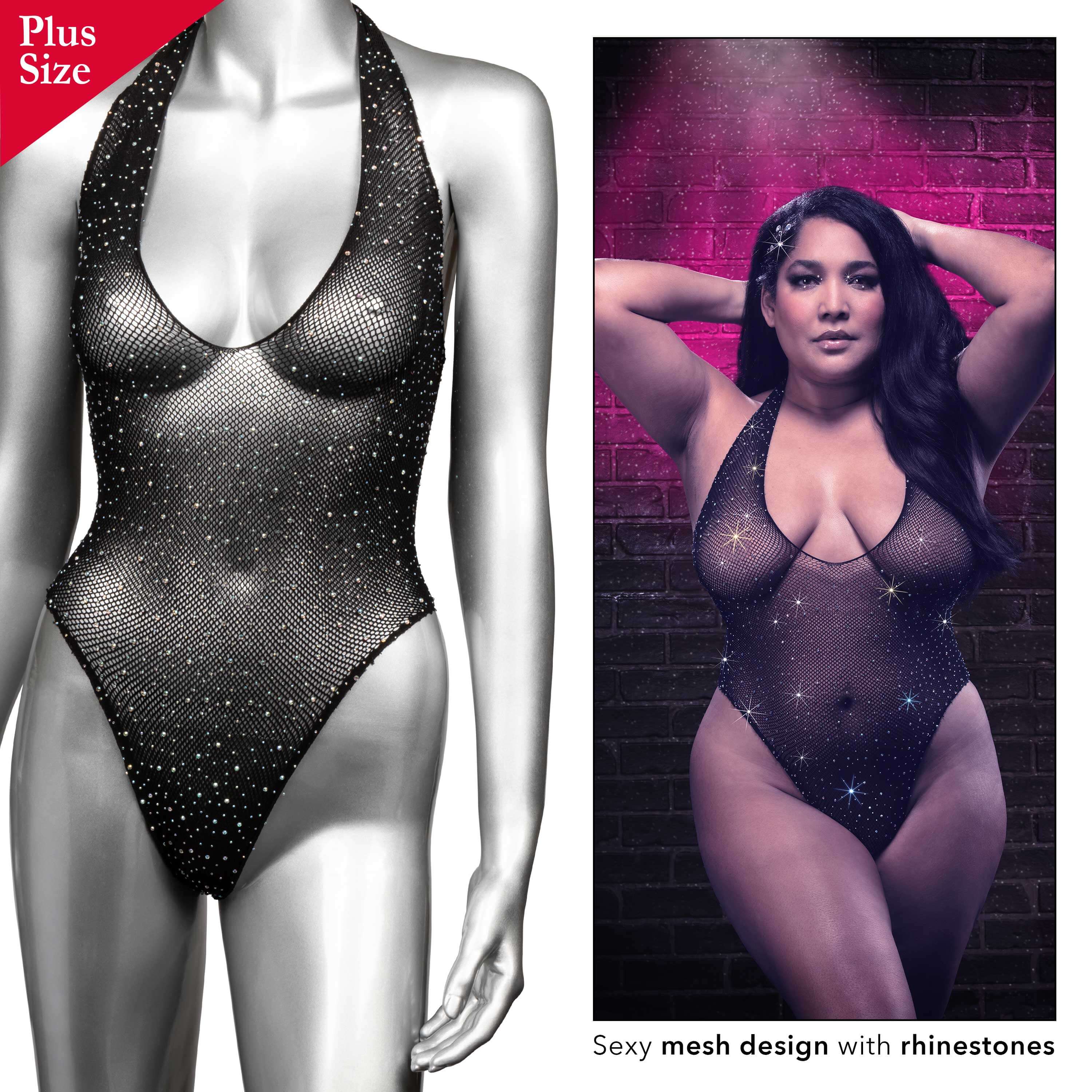 Plus size deep V body suit in black mesh with sparkling rhinestones and cheeky thong back, perfect for a glamorous look.