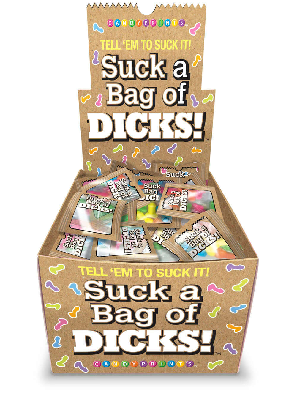 Suck a Bag of Dicks Candy Counter Display 100 Pack with colorful candy bags in a festive box.