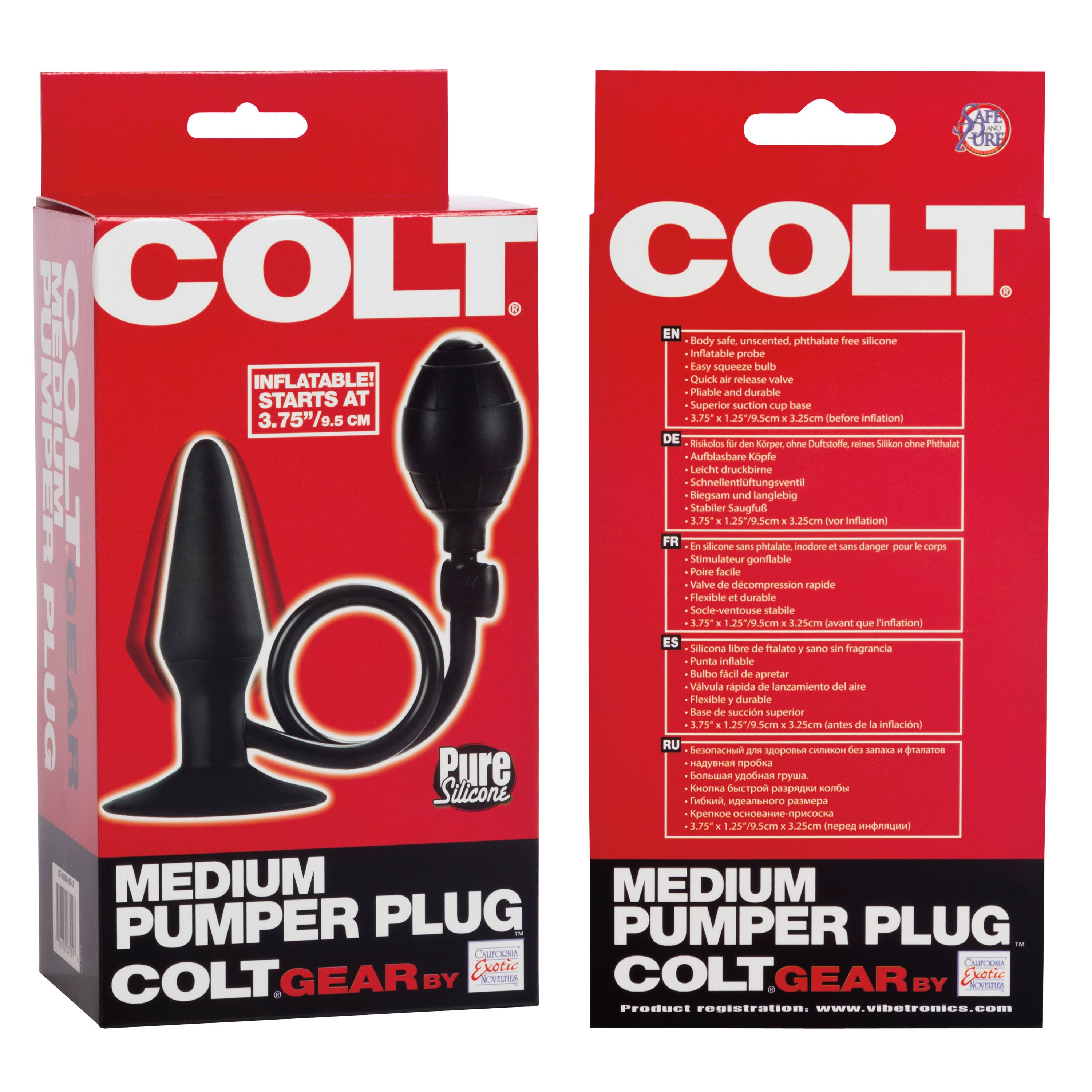 Colt Medium Pumper Inflatable Plug Black packaging showing details and product features.