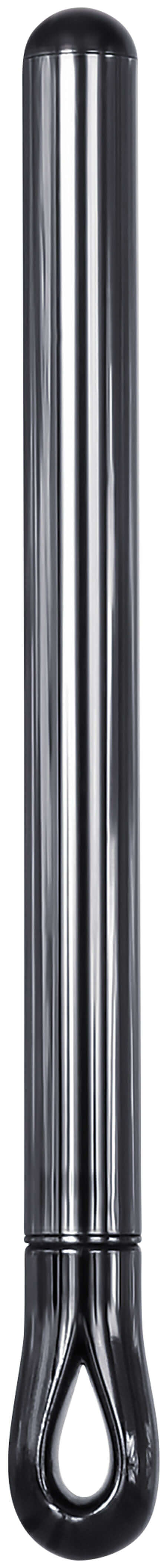 Evolved Pen Pal rechargeable vibrator in sleek, polished black metal design, ideal for discreet pleasure on the go.