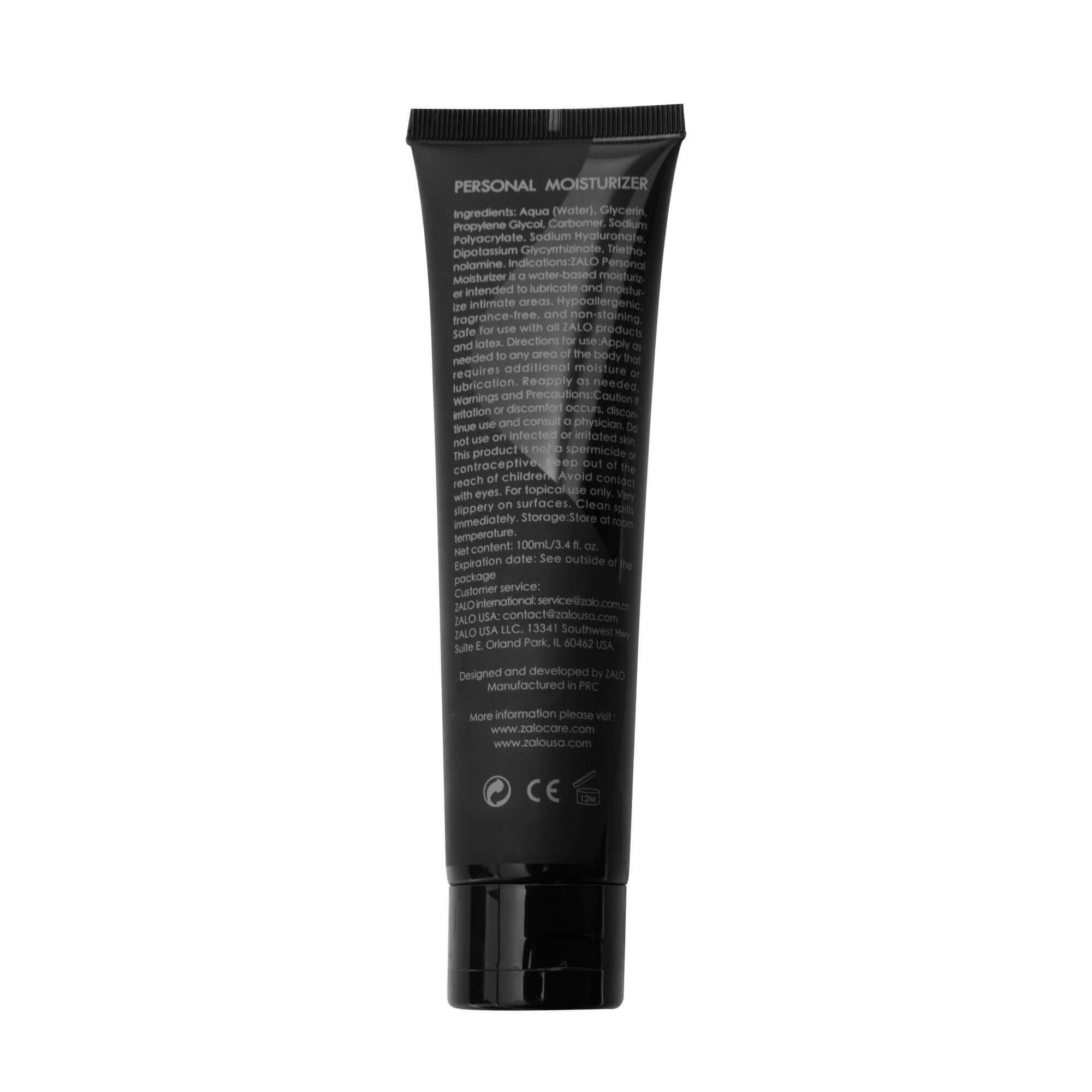 ZALO Personal Moisturizer Water-Based 100ml tube back view showing instructions and ingredients list