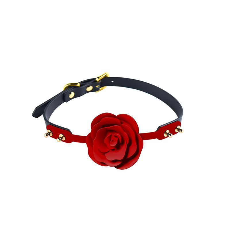 ZALO & UPKO Doll Designer Rose Ball Gag with luxury Italian leather strap and red rose-shaped ball designed for teasing and obedience.