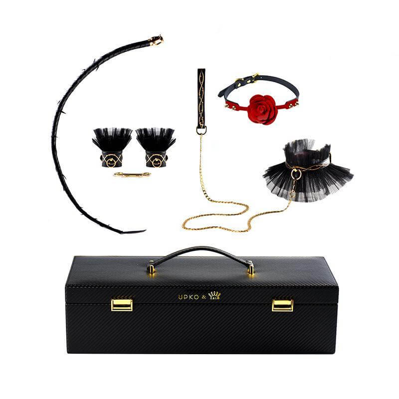 Luxurious bondage play kit with storage case, leather thorn collar, chain leash, leather thorn handcuffs, leather thorn whip, and rose ball gag.