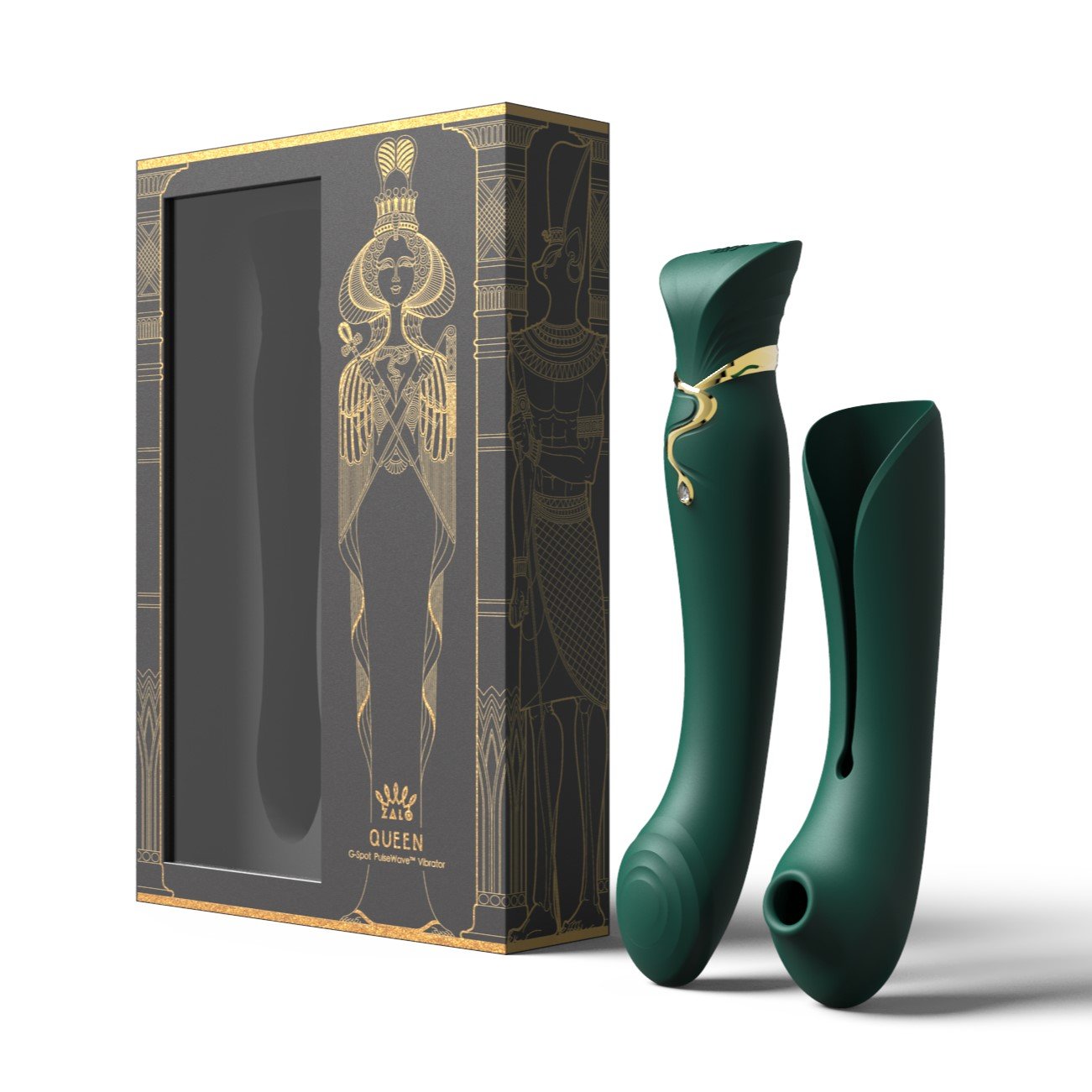 ZALO Queen G-spot PulseWave Vibrator in Jewel Green with Suction Sleeve and decorative box inspired by Cleopatra with gold detailing