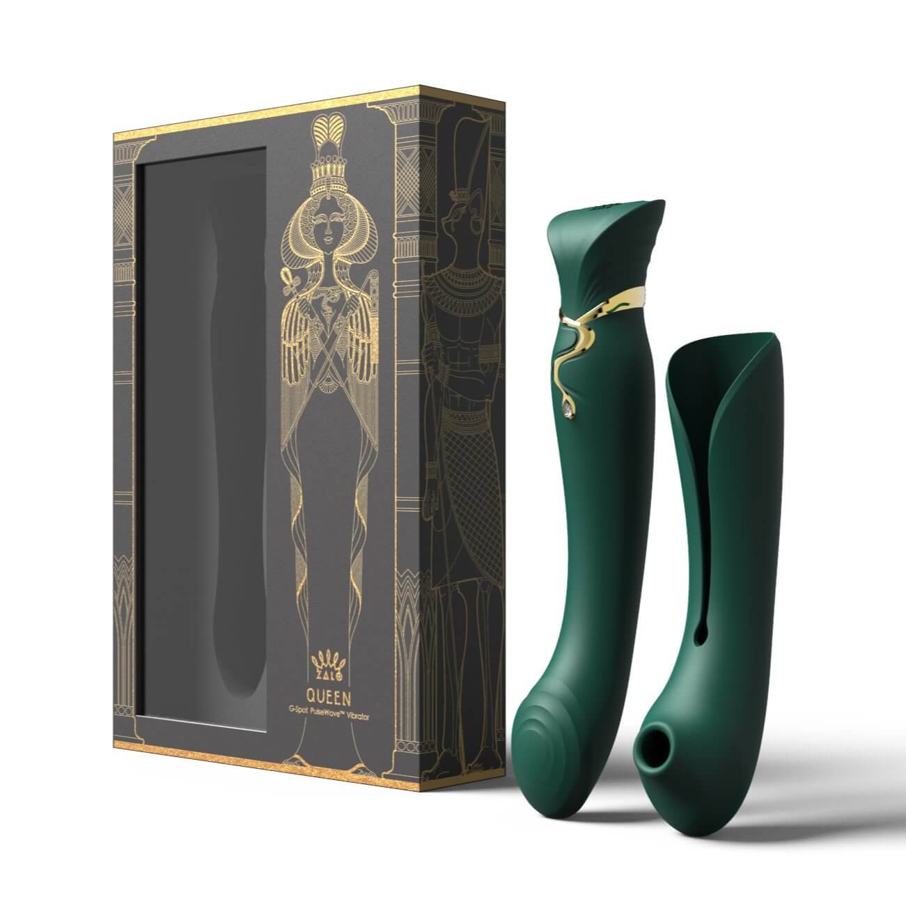 ZALO Queen G-spot PulseWave Vibrator in Jewel Green with Suction Sleeve and decorative box inspired by Cleopatra with gold detailing