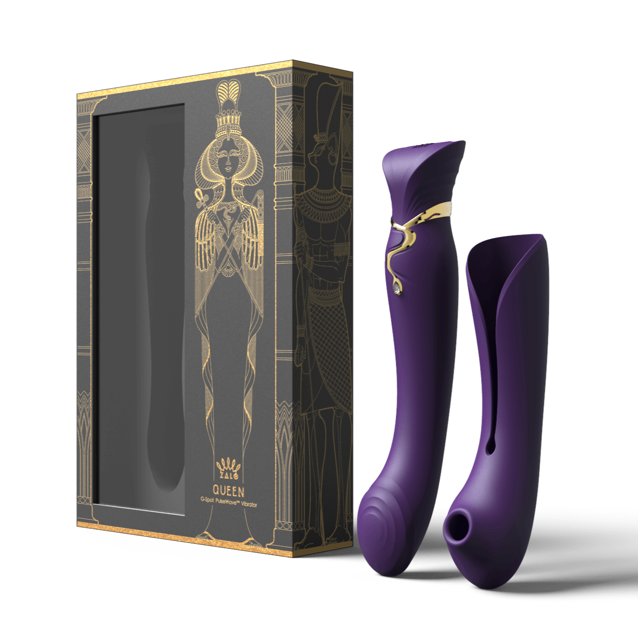 Vibrant purple ZALO Queen G-spot PulseWave vibrator with suction sleeve and luxurious Cleopatra-inspired packaging.