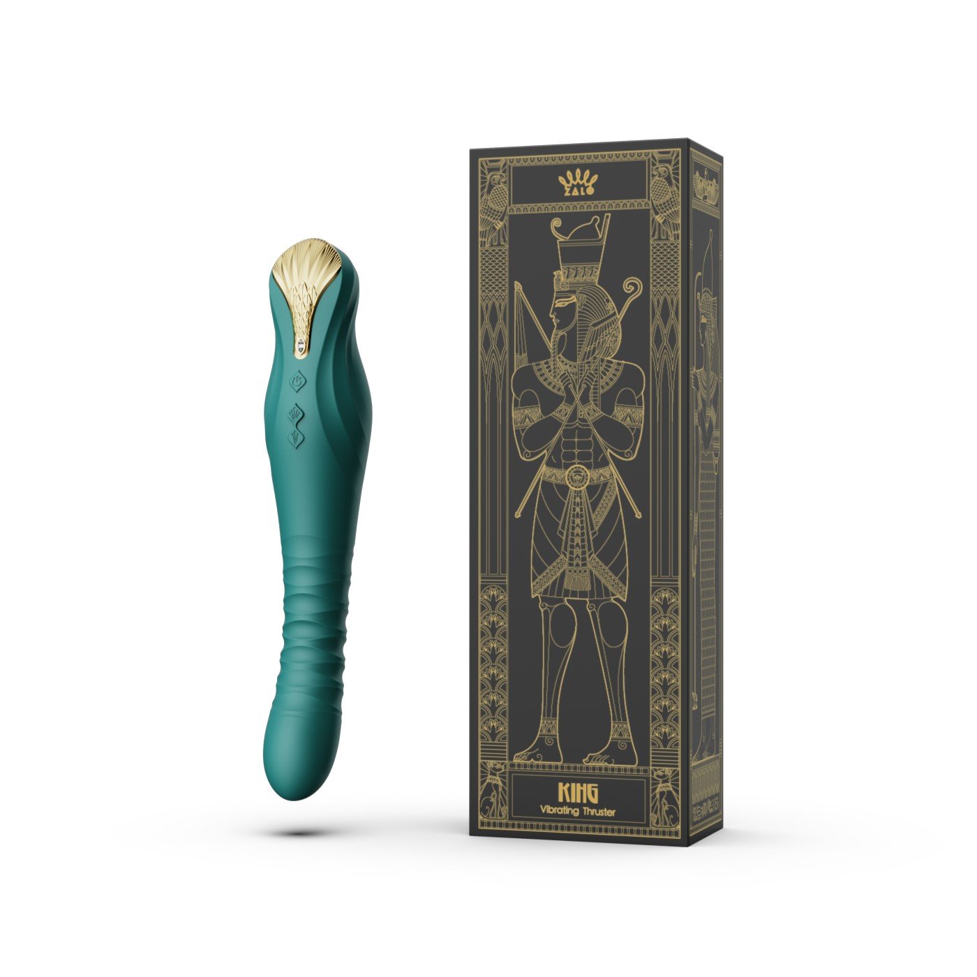 ZALO King Vibrating Thruster in turquoise green next to elegant packaging featuring ancient Egyptian design.