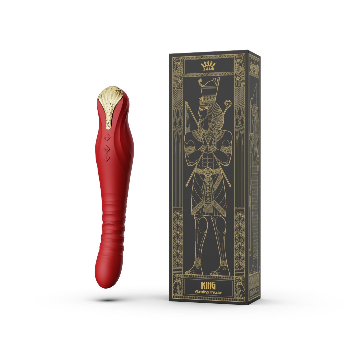 ZALO King Vibrating Thruster in Wine Red with elegant packaging featuring Egyptian design elements.